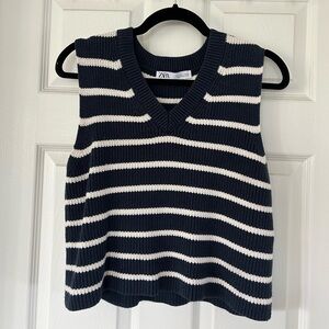 Navy Blue and White Striped Zara Knit Vest